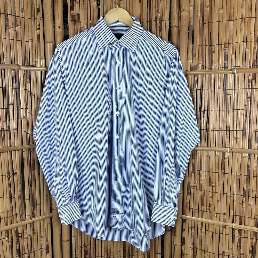 David Donahue Trim Fit Men's Dress Shirt‎ Long Sleeve Blue White 16.5 - 34/35